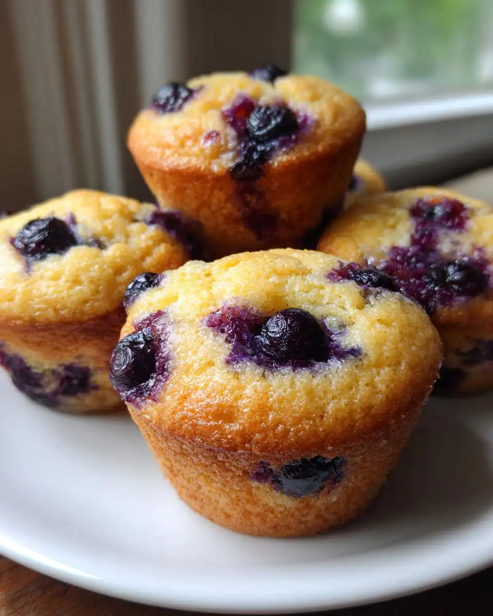 Close-up of several golden-brown Wild Blueberry Muffins bursting with flavor, dotted with juicy blueberries.