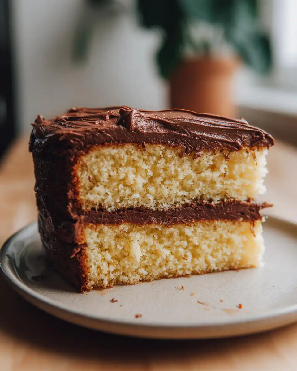 A slice of moist yellow cake with rich chocolate frosting, showcasing two layers of cake and frosting.