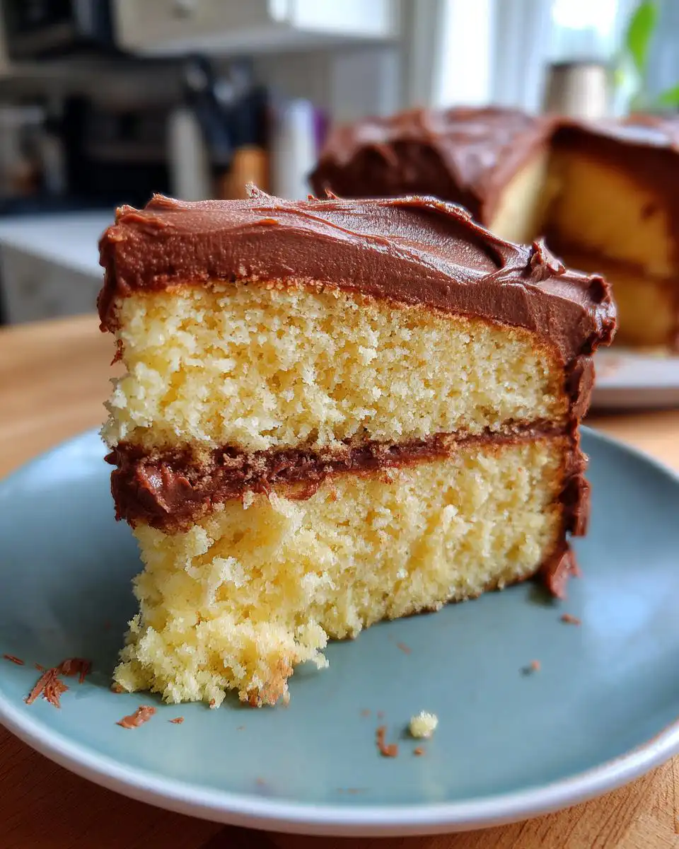 A slice of perfect yellow cake with rich chocolate frosting, showing two layers of cake and frosting.