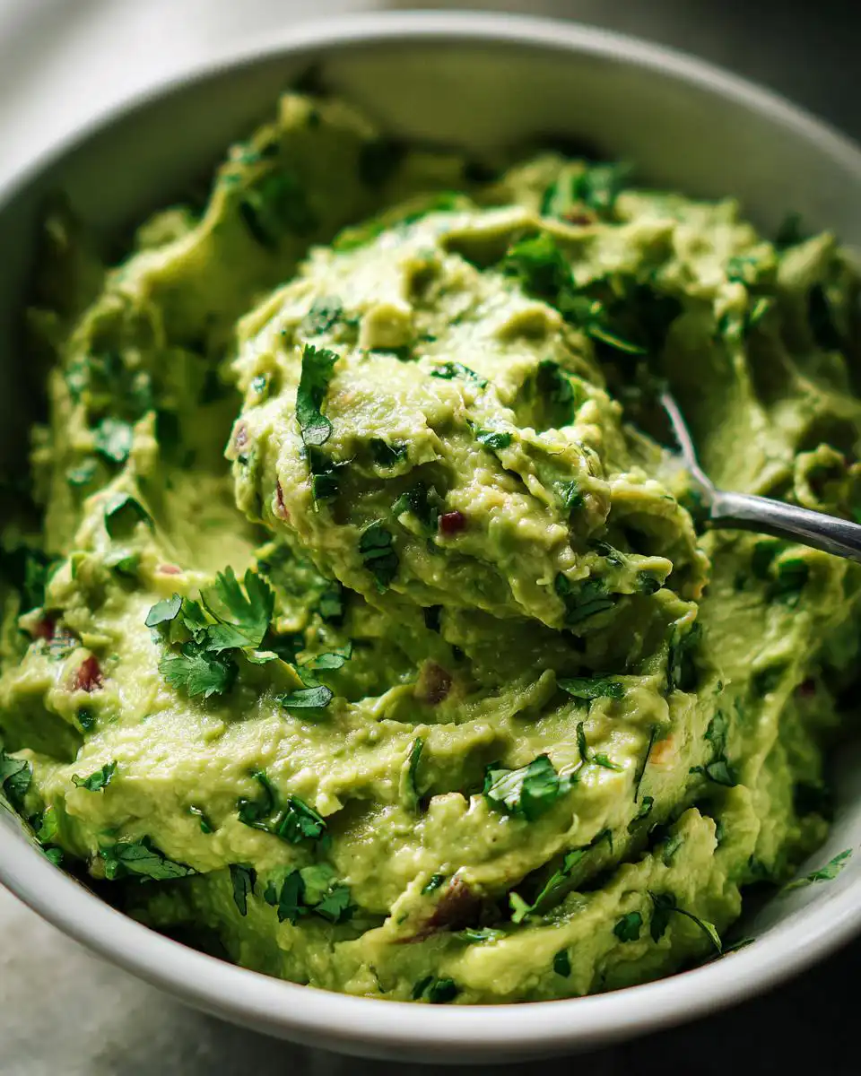 Close-up of Zesty Lime Guacamole with Fresh Herbs in a white bowl, with a spoon scooping some out.