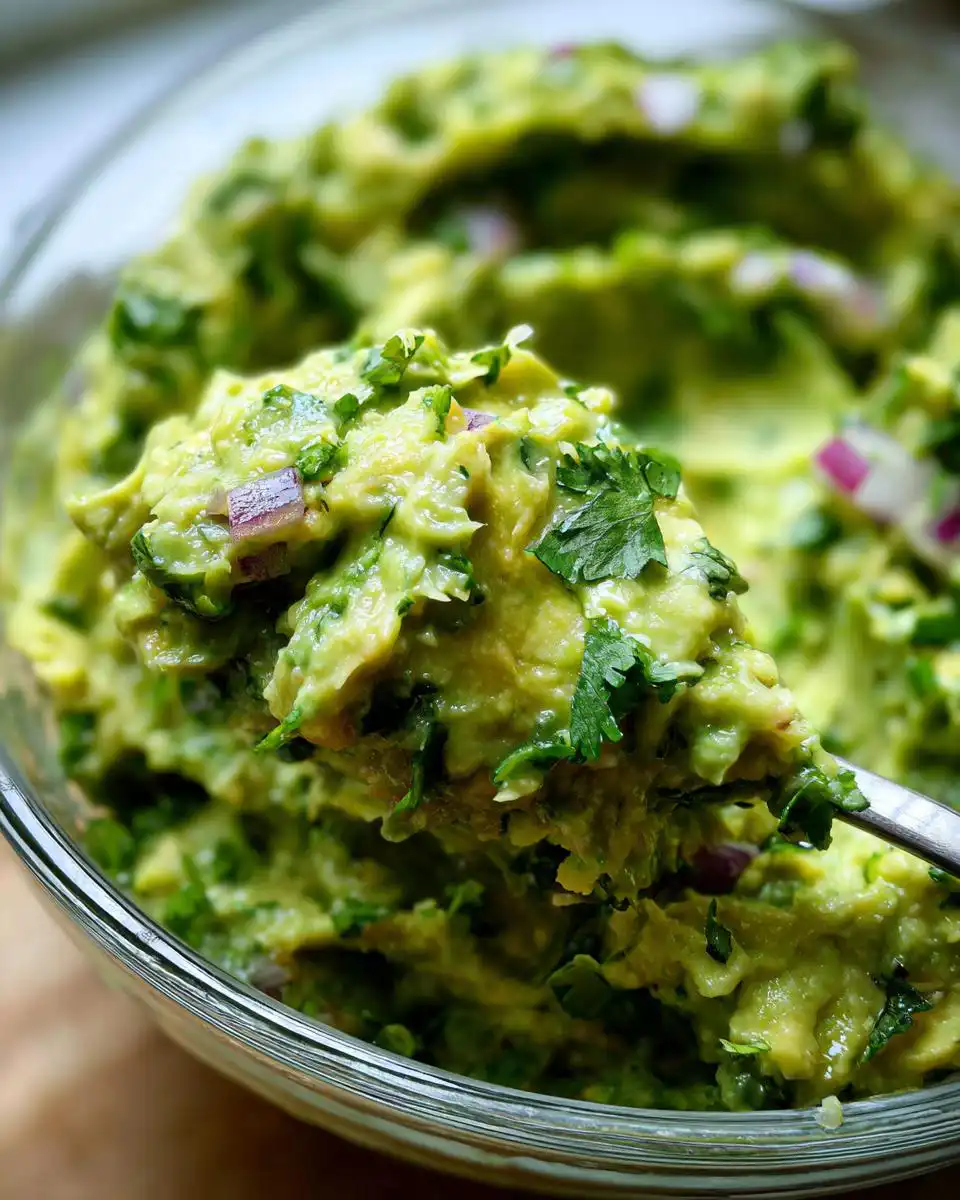 A spoonful of Zesty Lime Guacamole with Fresh Herbs, showing chunky avocado, cilantro, and red onion.