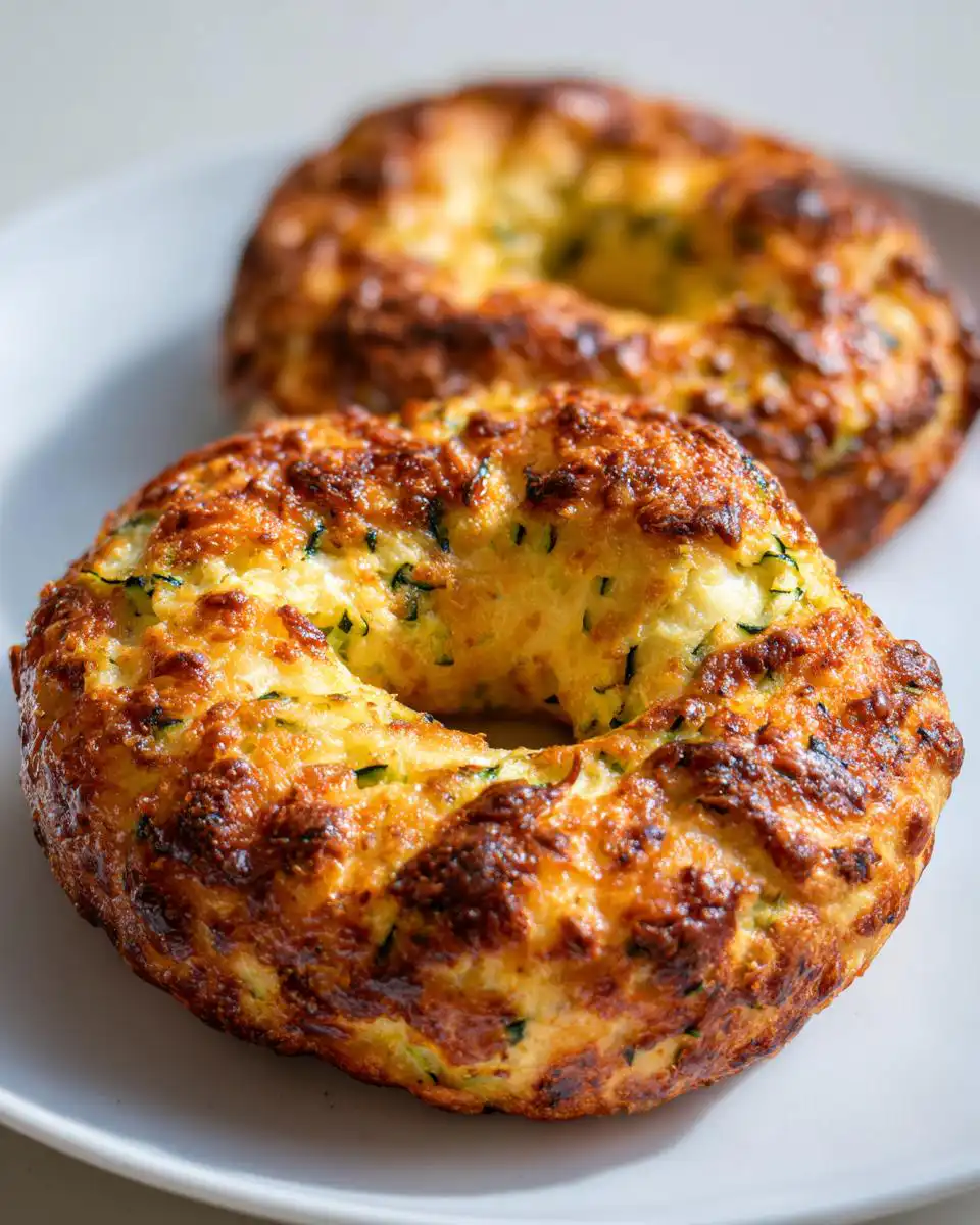Close-up of two golden-brown Zucchini Bagels on a white plate, showing their textured, cheesy surface.