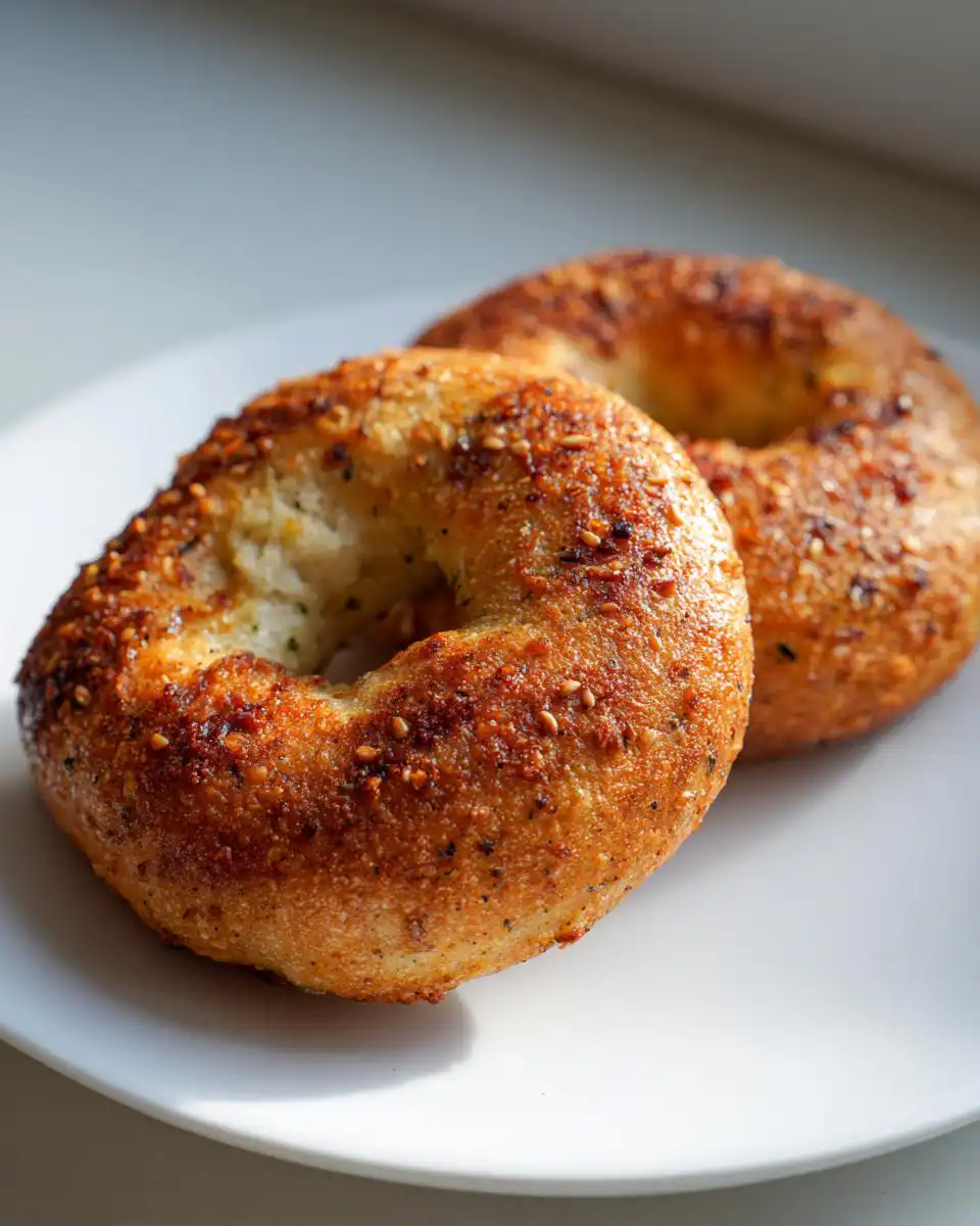 Two golden brown Zucchini Bagels topped with sesame seeds and spices, presented on a white plate.
