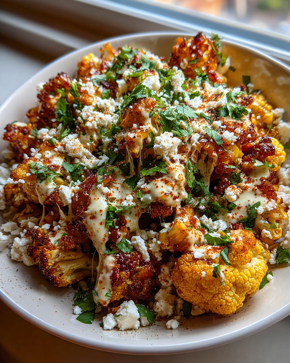 A close-up of air fryer cauliflower elote, topped with crumbled cheese, cilantro, and a creamy sauce.
