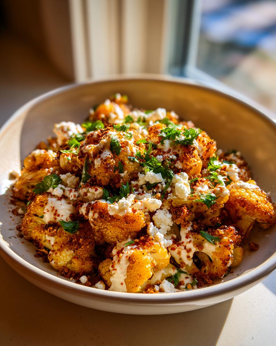 Close-up of air fryer cauliflower elote topped with crumbled cheese, creamy sauce, and fresh parsley.