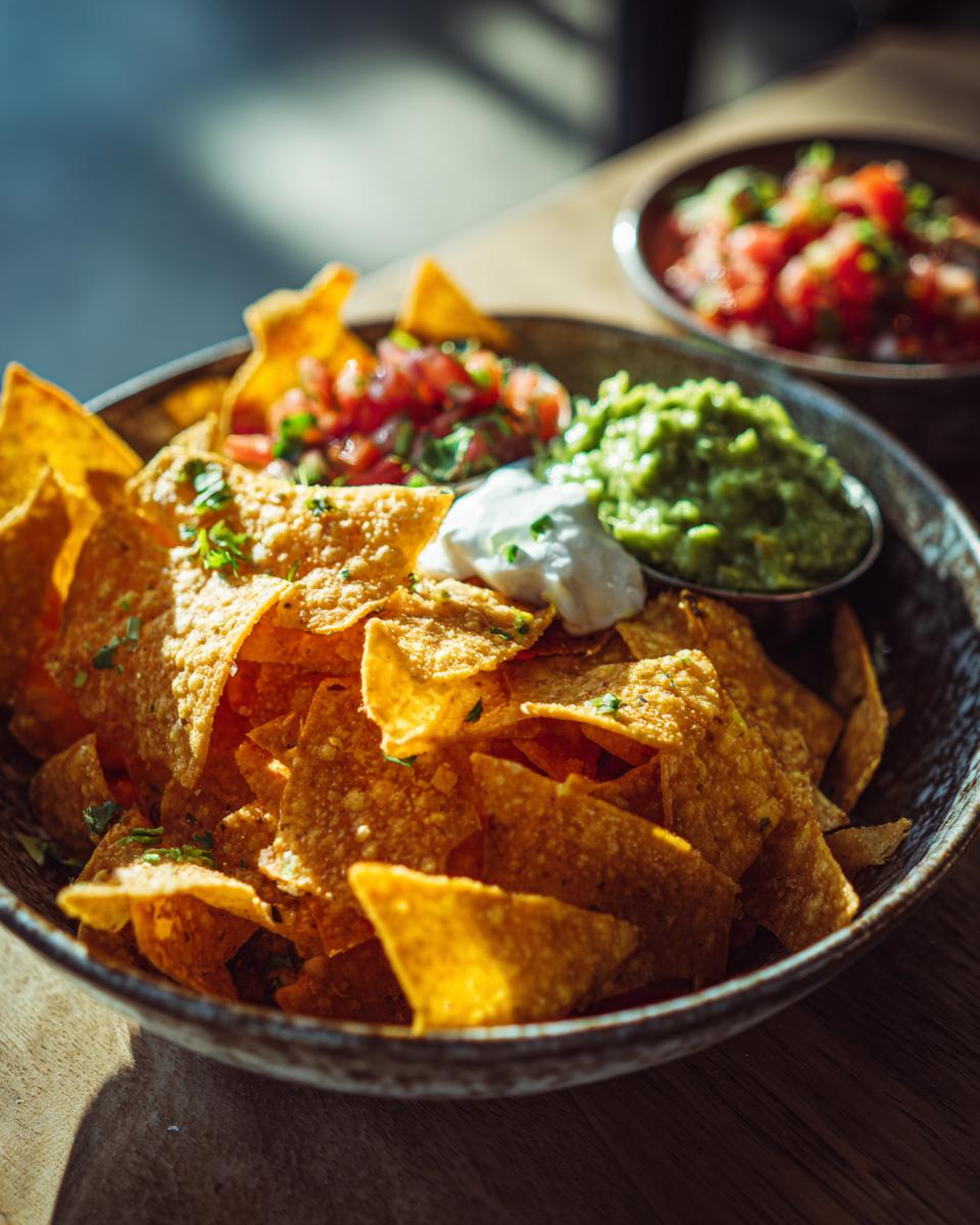 A bowl of golden air fryer corn tortilla chips served with guacamole, salsa, and sour cream.