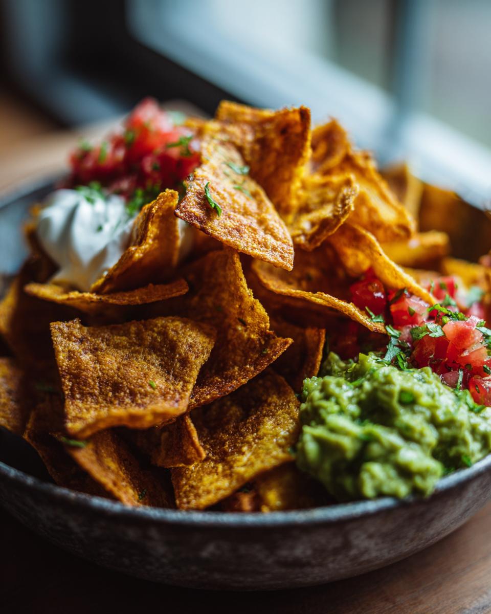 A bowl of crispy air fryer corn tortilla chips served with fresh guacamole and salsa, inspired by Jamie Oliver.