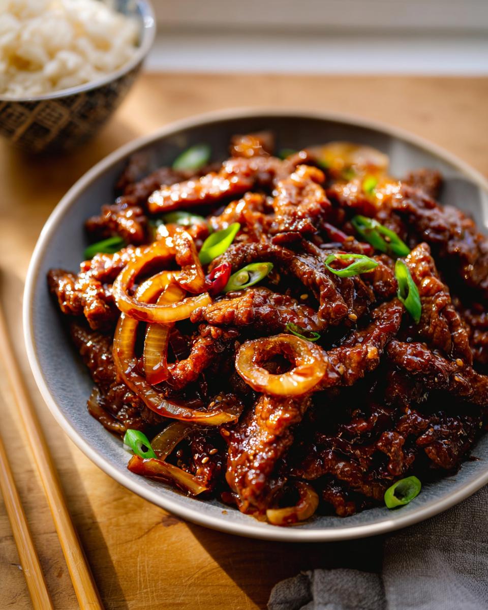 Close-up of Air Fryer Crispy Chilli Beef with Sweet Spicy Sauce, garnished with green onions.