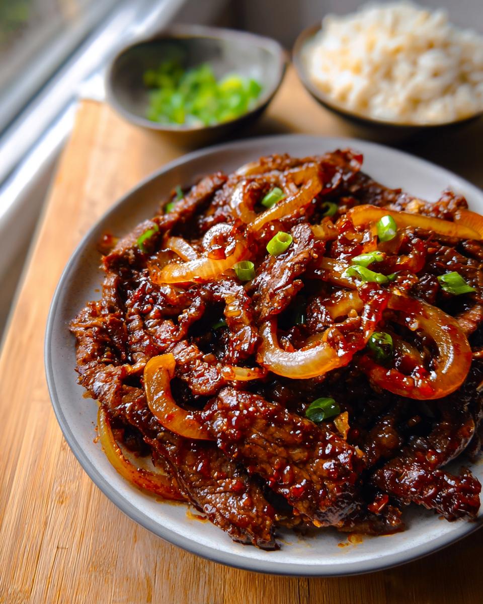 A close-up of Air Fryer Crispy Chilli Beef coated in a glossy sweet and spicy sauce, garnished with green onions.