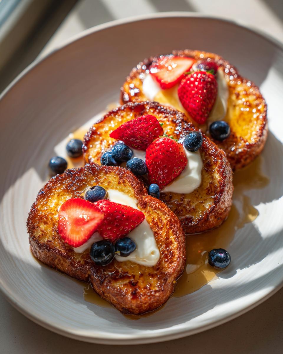 Three slices of golden-brown Air Fryer Hot Cross Bun French Toast topped with cream, strawberries, and blueberries.