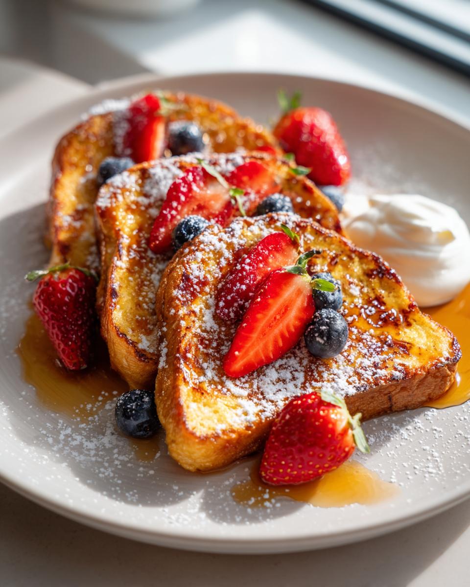 Golden-brown Air Fryer Hot Cross Bun French Toast topped with fresh strawberries, blueberries, and a dusting of icing sugar.
