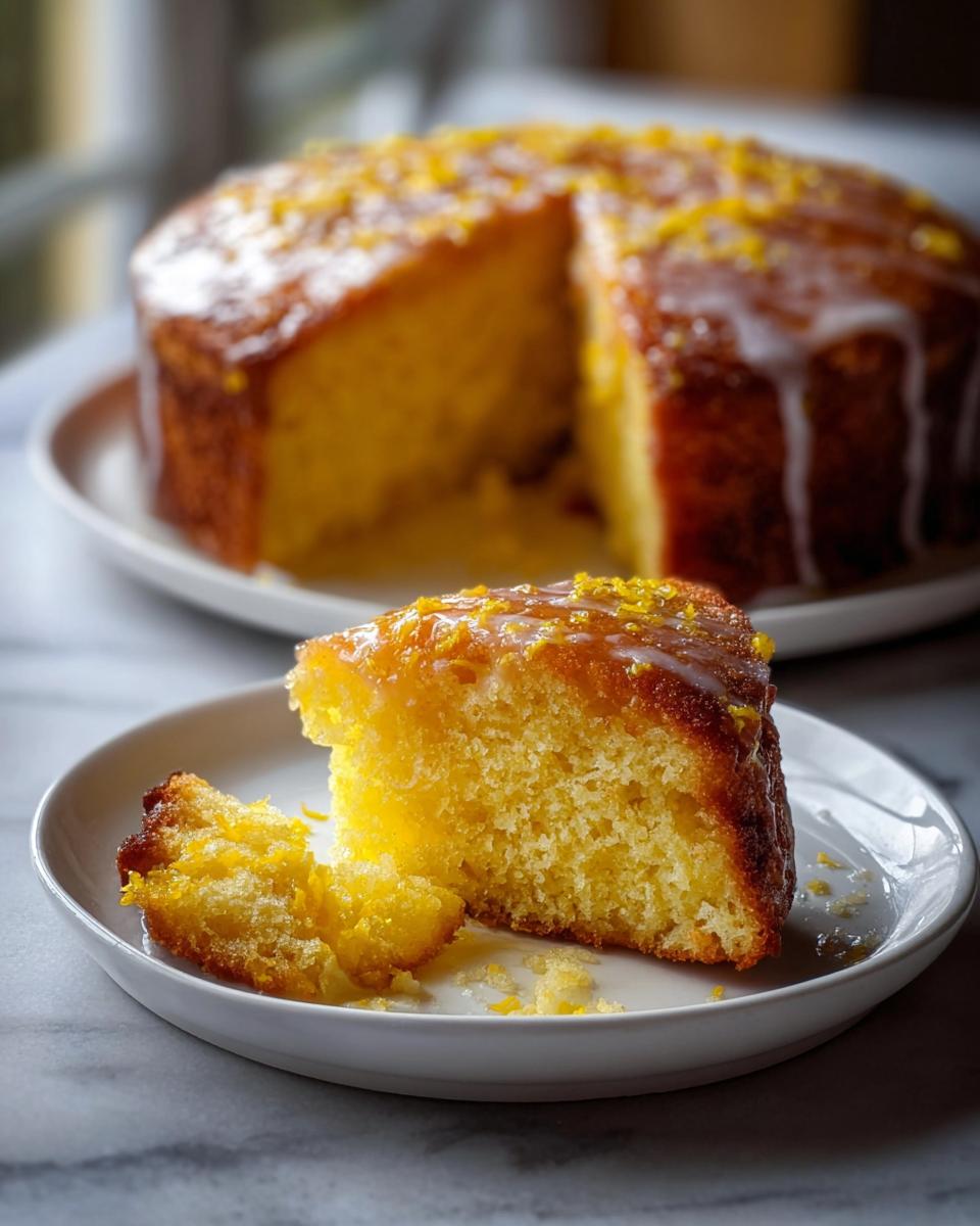 A close-up of a slice of Air Fryer Lemon Drizzle Cake, topped with icing and zest.