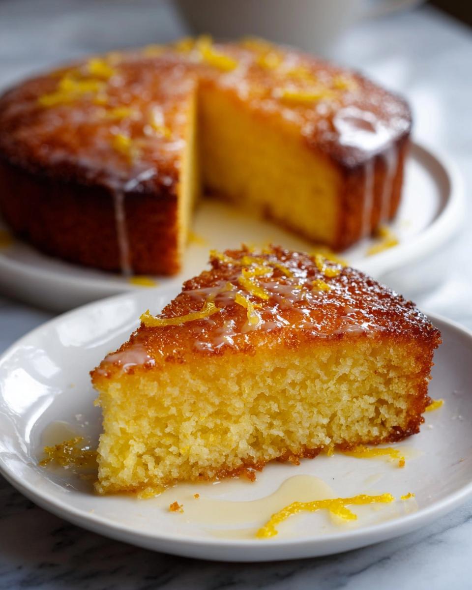 A slice of moist Air Fryer Lemon Drizzle Cake, topped with glaze and lemon zest.