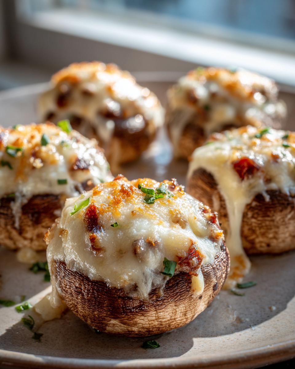 Close-up of air fryer mushroom bites stuffed with cheese and herbs, ready to be served.
