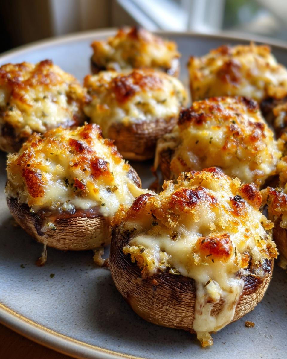 Close-up of golden-brown air fryer mushroom bites stuffed with cheese and herbs on a plate.