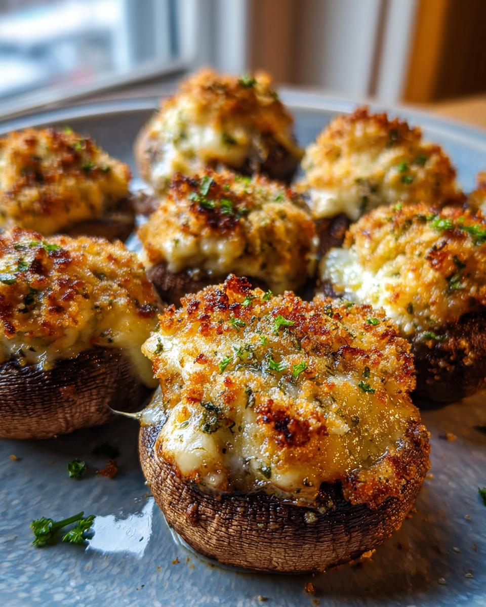 Close-up of air fryer mushrooms with cheese topping, golden brown and sprinkled with parsley.