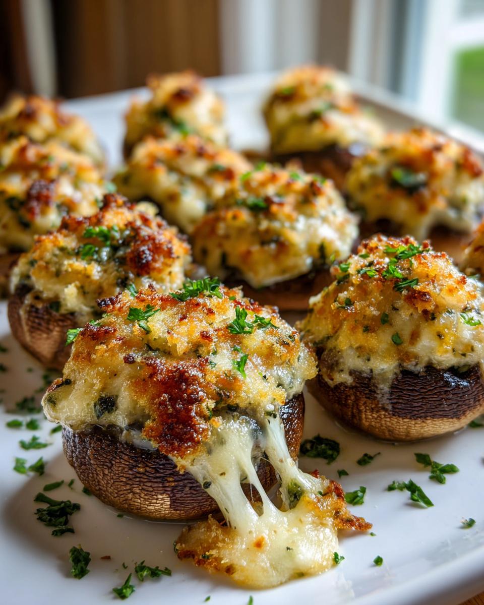 Close-up of air fryer mushrooms with cheese, showing gooey melted cheese dripping from one mushroom.