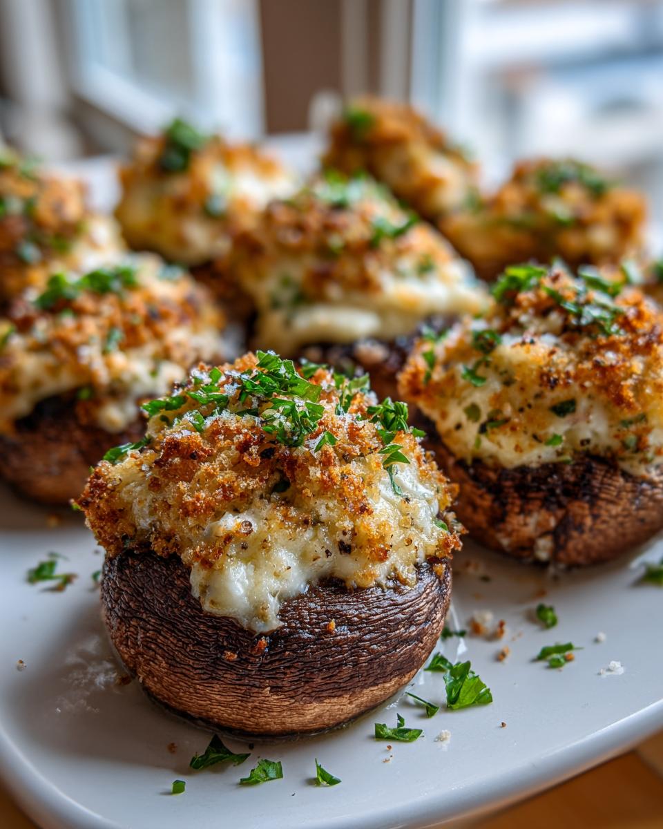 Close-up of air fryer parmesan mushrooms stuffed with a creamy filling and topped with breadcrumbs and parsley.