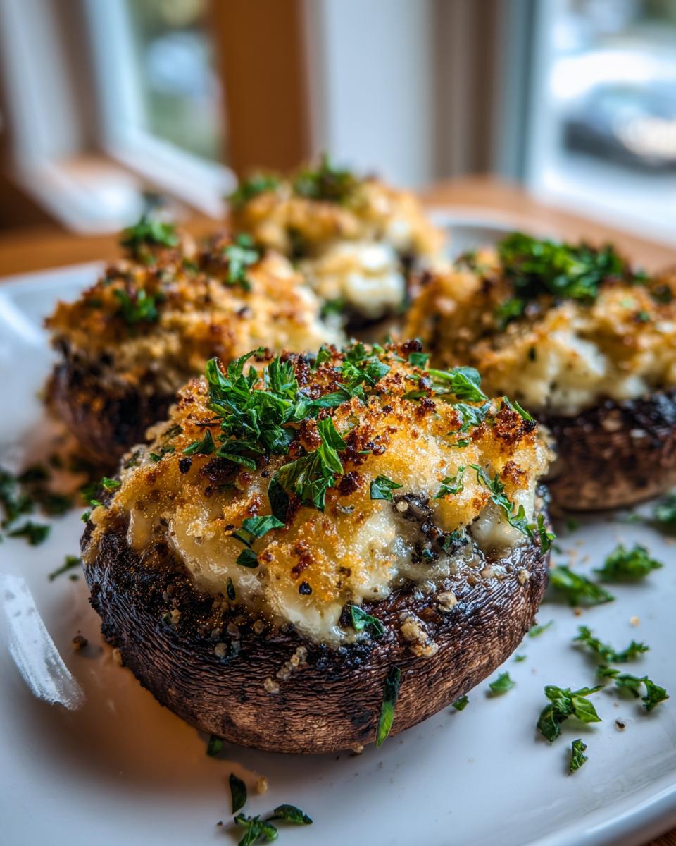 Close-up of air fryer parmesan mushrooms stuffed with a creamy filling and topped with golden breadcrumbs and fresh parsley.