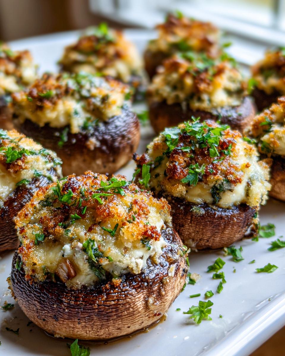 Close-up of golden brown air fryer stuffed mushrooms, topped with cheese and fresh parsley.