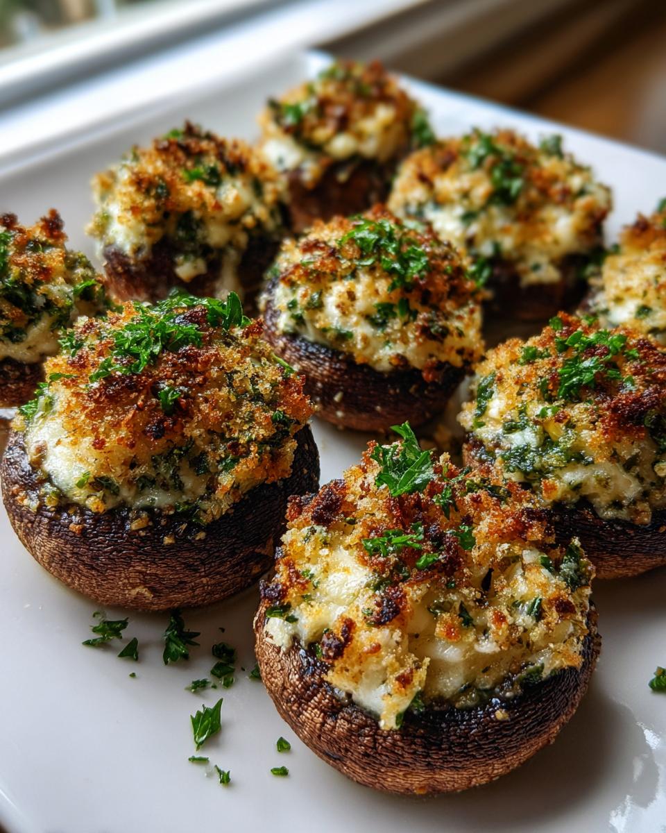 A plate of golden brown air fryer stuffed mushrooms filled with a creamy mixture and topped with breadcrumbs and fresh parsley.