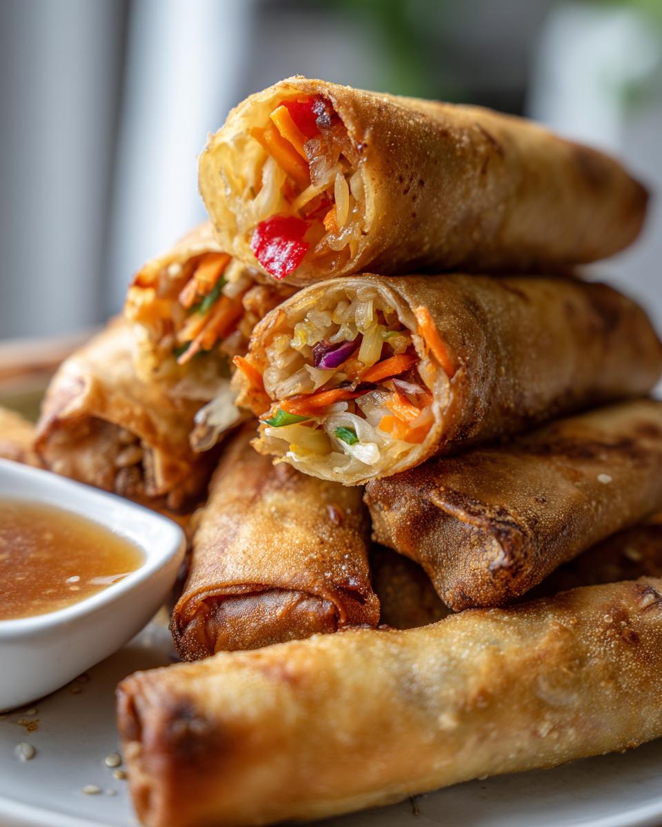 A close-up stack of golden-brown air fryer veggie spring rolls, showing the colorful vegetable filling and a small dish of dipping sauce.
