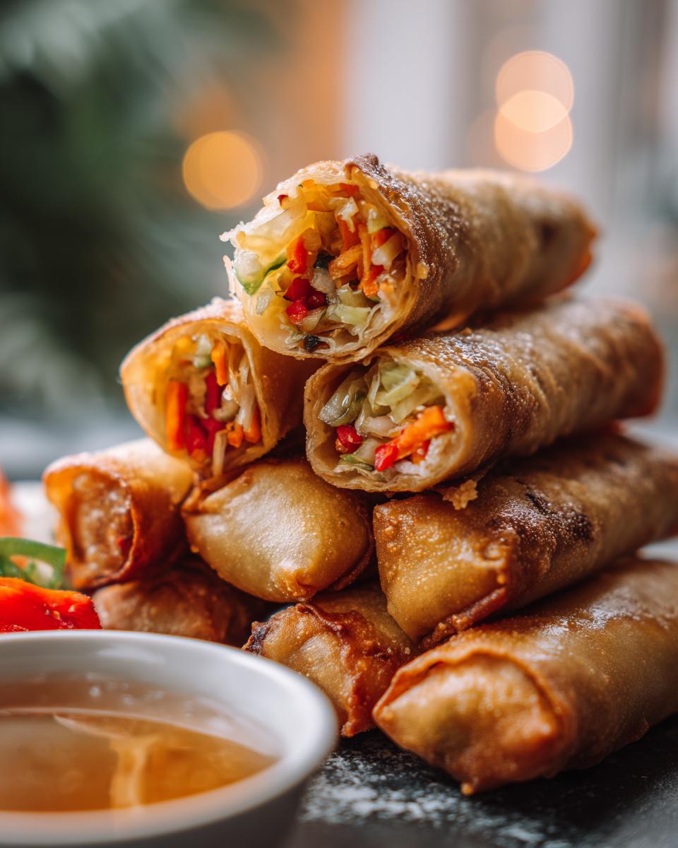 A stack of golden-brown air fryer veggie spring rolls, some cut open to reveal the colorful vegetable filling.