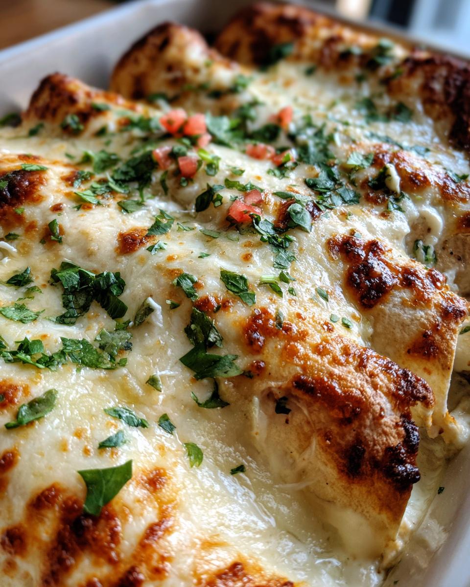 Close-up of Amazing White Chicken Enchiladas topped with melted cheese and fresh cilantro.