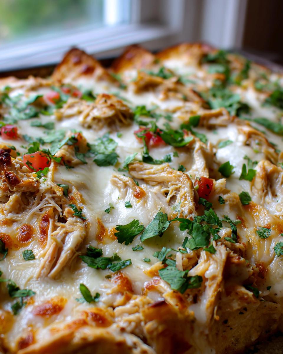 Close-up of Amazing White Chicken Enchiladas topped with melted cheese, shredded chicken, and fresh cilantro.