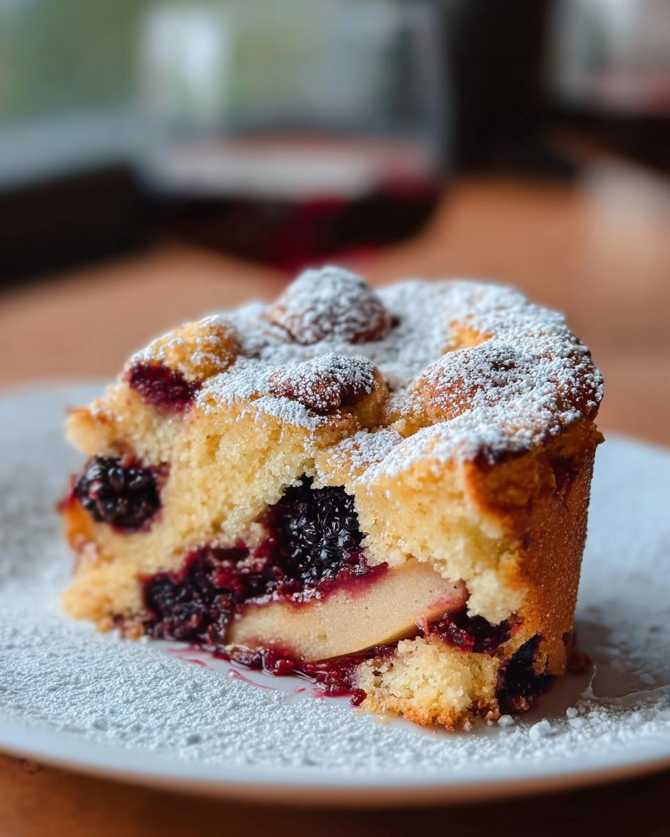 Close-up of a slice of Apple and Blackberry Cake, dusted with icing sugar, showing juicy blackberries and apple slices within the sponge.