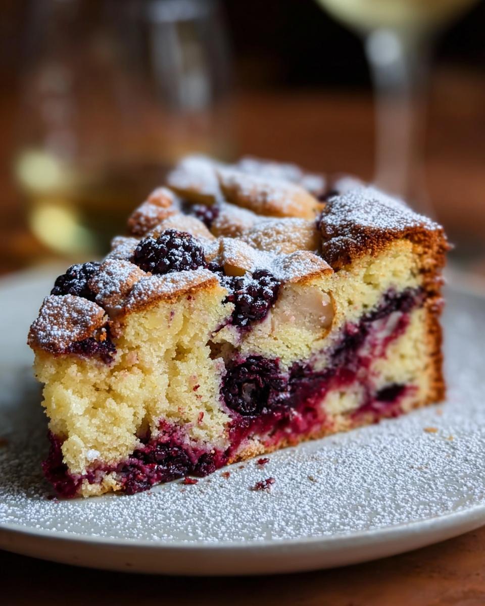 A generous slice of Apple and Blackberry Cake, dusted with icing sugar, showcasing juicy blackberries and apple pieces.
