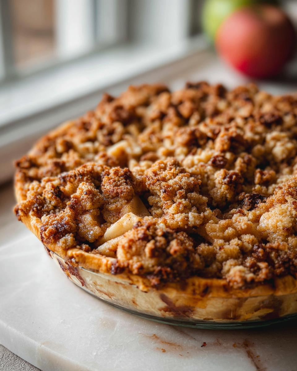 A close-up of a golden-brown Apple Crumble Pie Mary Berry Inspired, with a crumbly topping and visible apple filling.