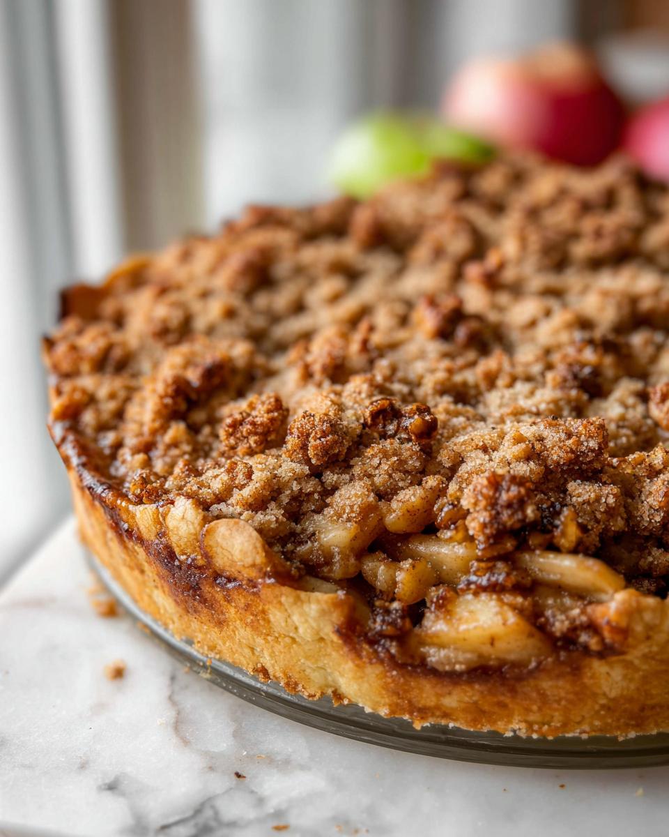 Close-up of a golden-brown Apple Crumble Pie Mary Berry Inspired with a crumbly topping and visible apple filling.