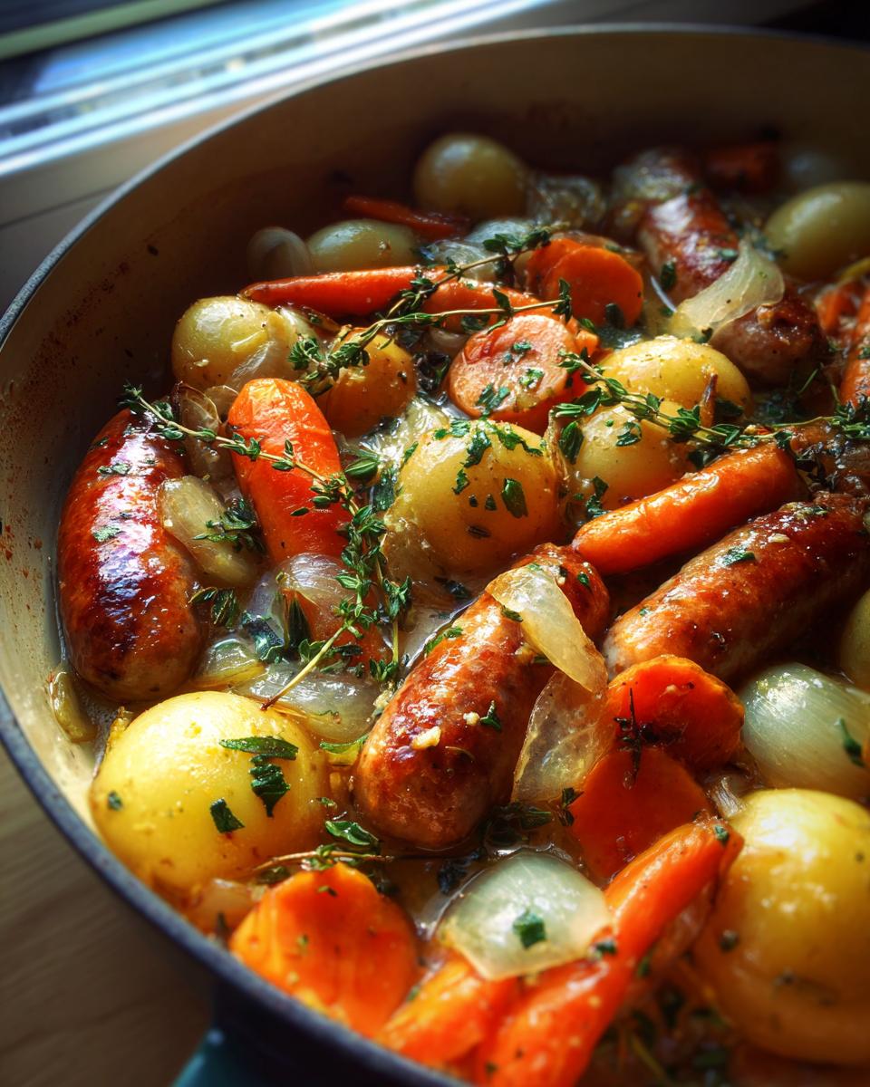 A close-up of a rustic Apple Sausage Casserole in a pot, featuring sausages, potatoes, carrots, and onions, garnished with thyme.