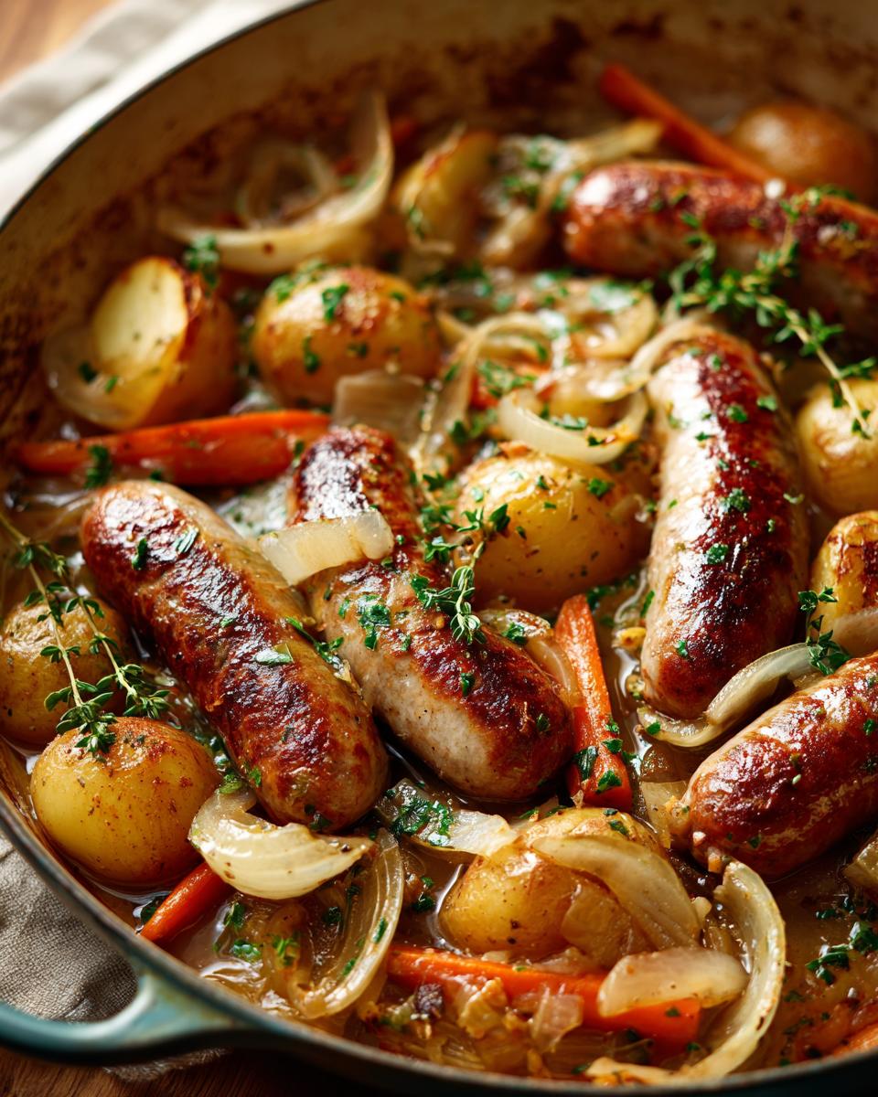 A close-up view of a bubbling Apple Sausage Casserole Inspired by Mary Berry, featuring sausages, potatoes, onions, and carrots.