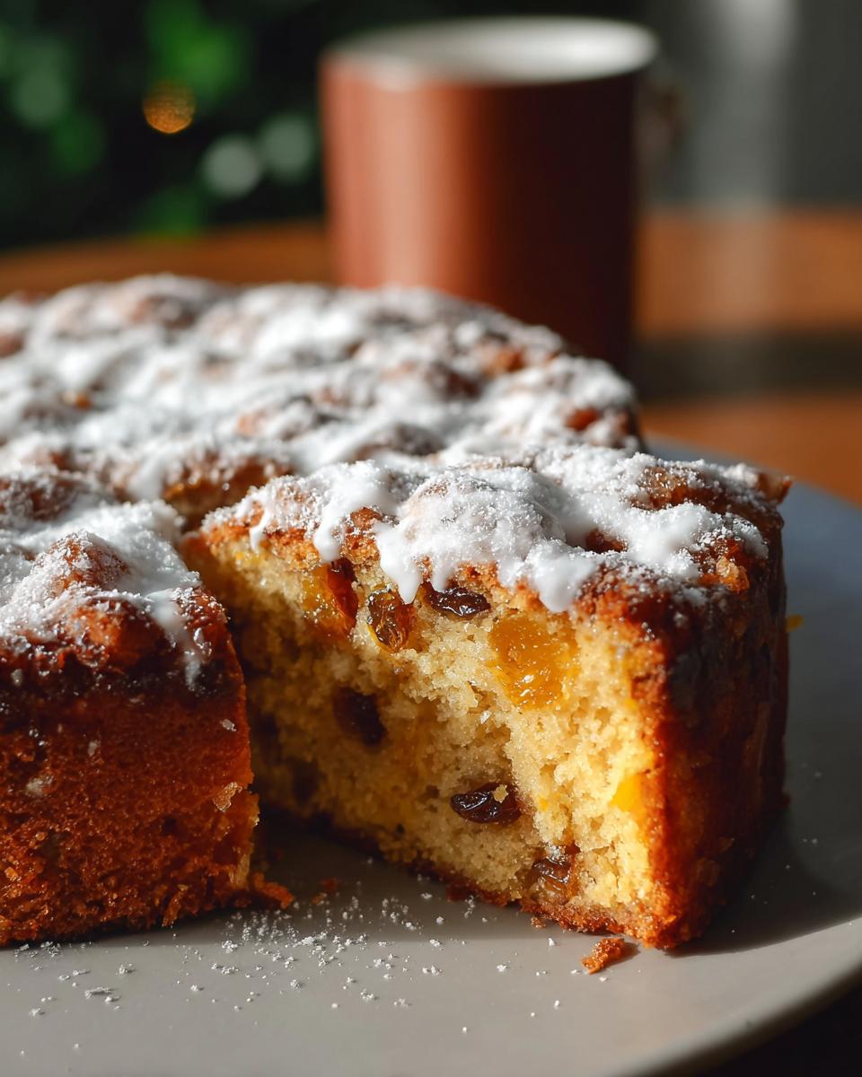 A close-up of a slice of Apple and Sultana Cake, dusted with icing sugar and drizzled with white icing.