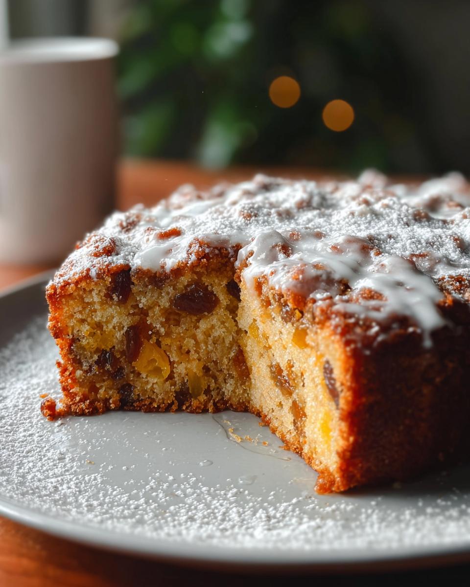 A close-up of a slice of Apple and Sultana Cake, dusted with icing sugar and drizzled with glaze.