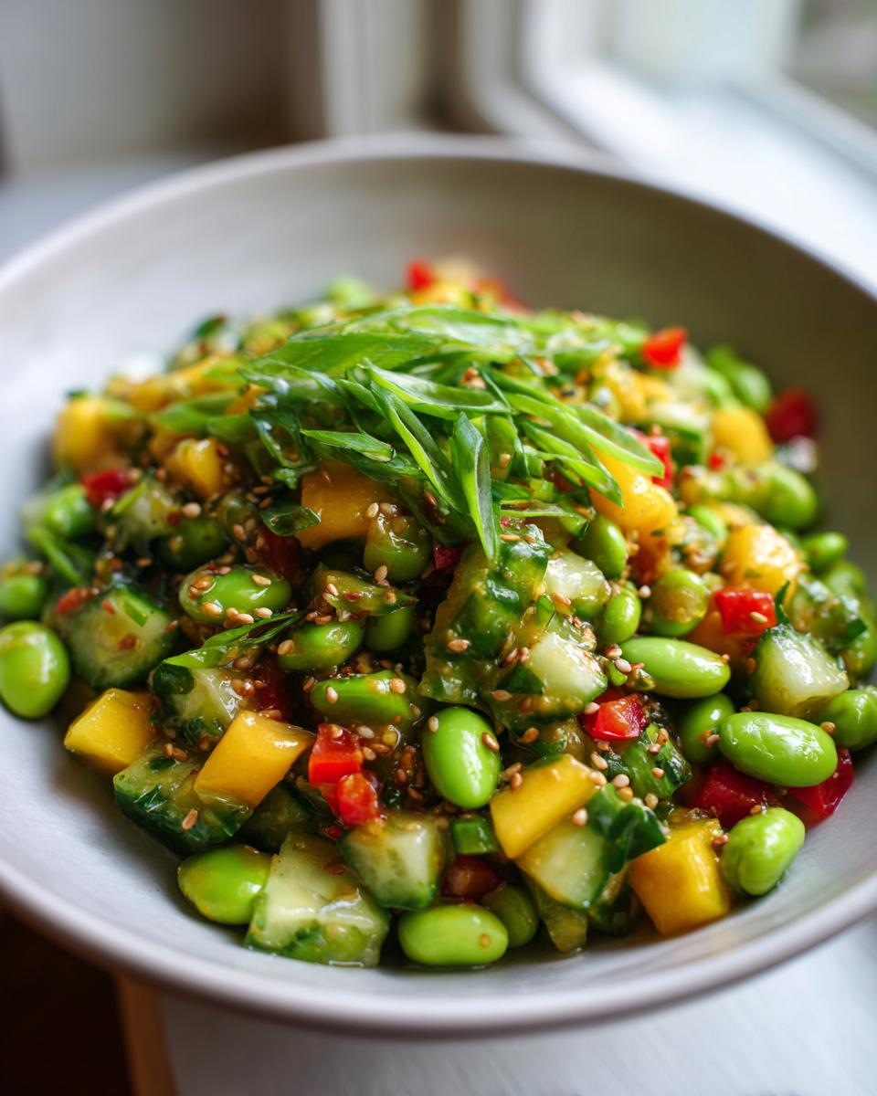 A close-up of a vibrant Asian edamame salad with diced mango, cucumber, red pepper, and green onions, topped with sesame seeds.