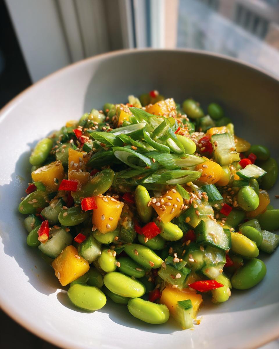 A vibrant bowl of Asian edamame salad with diced mango, cucumber, red chili, and sesame seeds, topped with green onions.