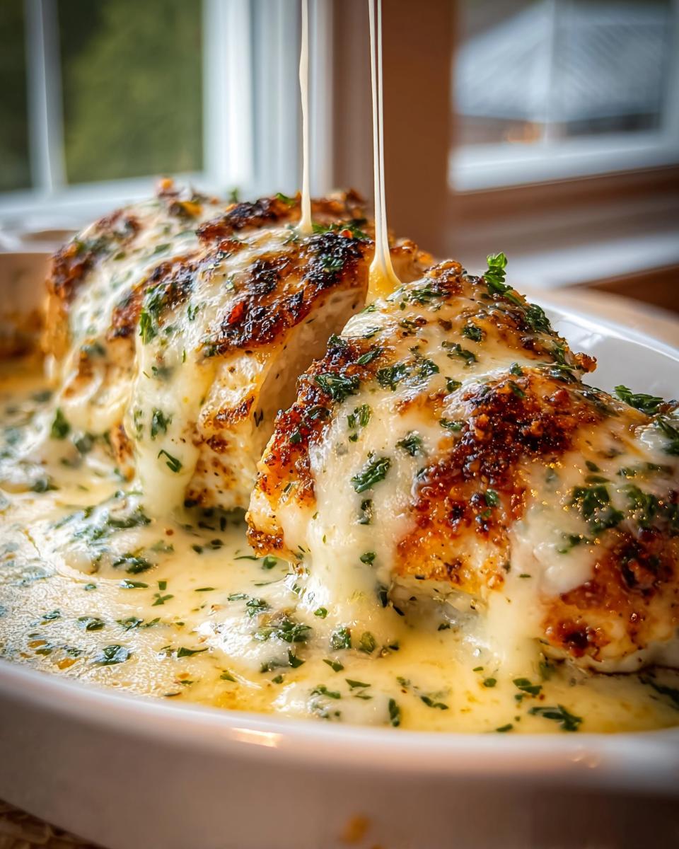 Close-up of Baked Caesar Chicken breasts covered in melted cheese and herbs, with cheese strings pulling.