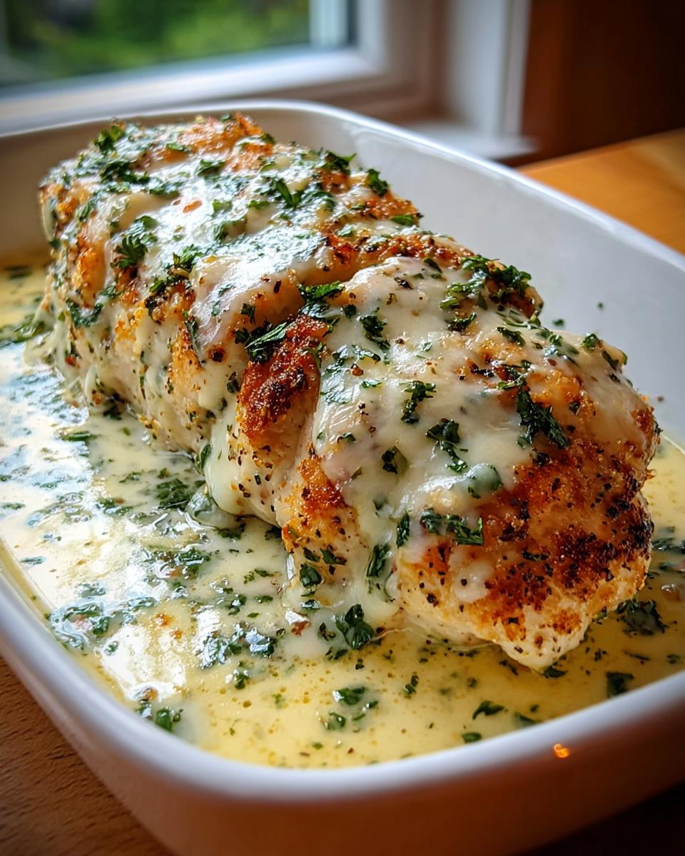 A close-up of a juicy Baked Caesar Chicken breast covered in creamy Caesar sauce and fresh parsley.