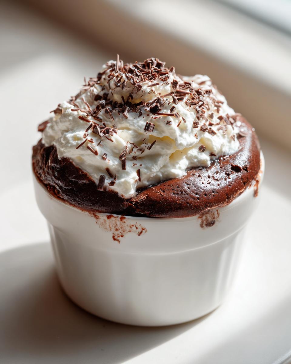 A rich, dark chocolate pot dessert topped with whipped cream and chocolate shavings, inspired by Nigella Lawson.