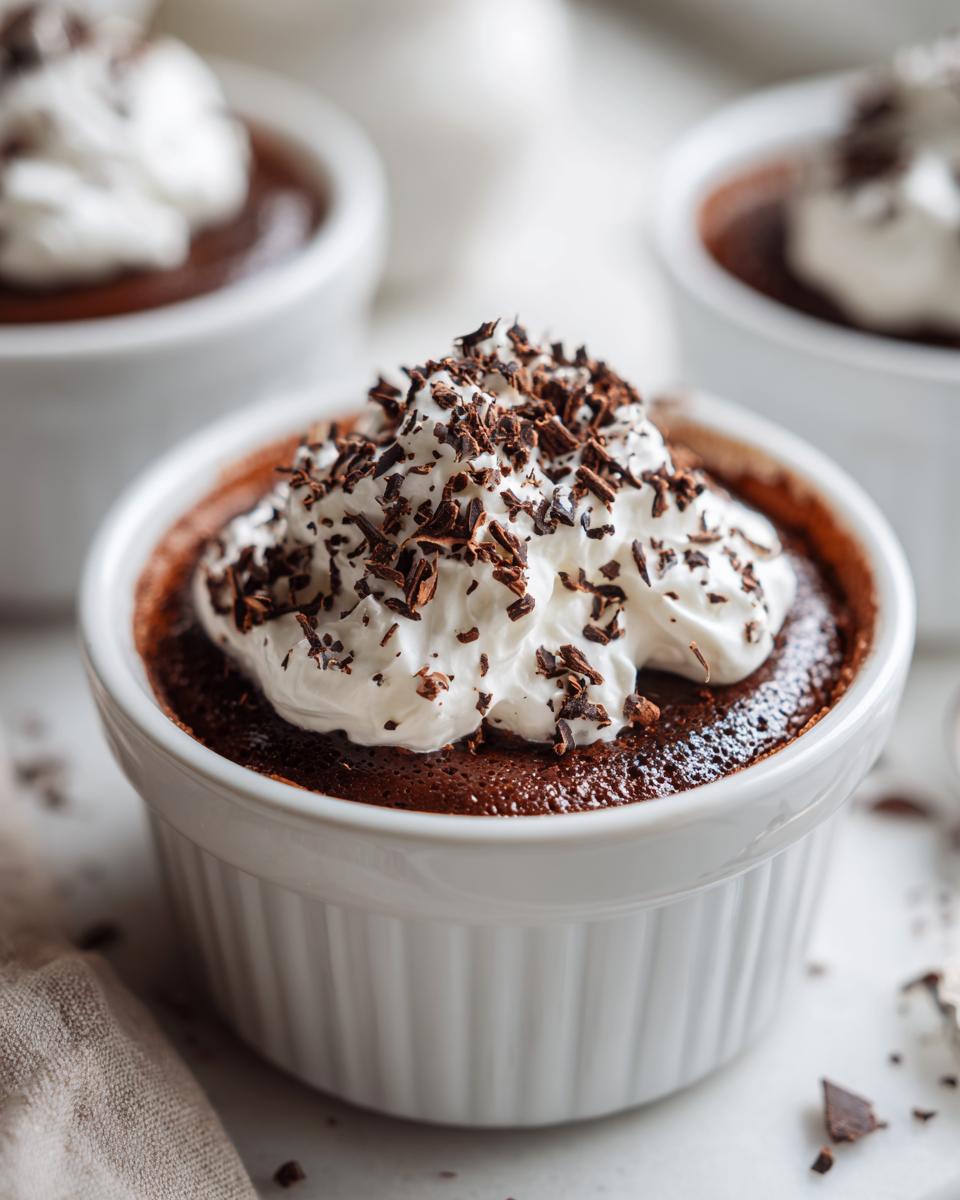 Close-up of a decadent baked chocolate pot, topped with whipped cream and chocolate shavings, inspired by Nigella Lawson.