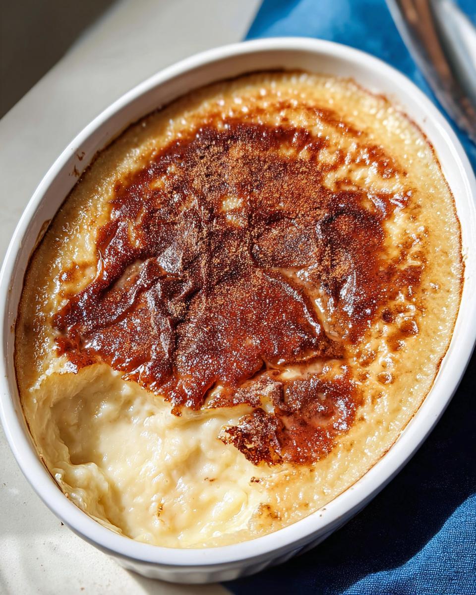 A close-up of a creamy baked rice pudding inspired by Mary Berry, with a golden-brown, slightly crisp topping dusted with cinnamon.