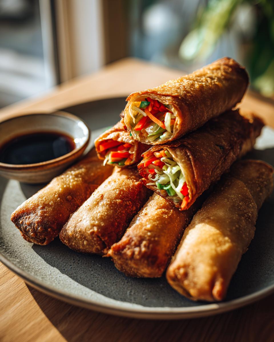 A plate of golden brown baked veggie spring rolls, some cut open to reveal colorful vegetables, served with soy sauce.
