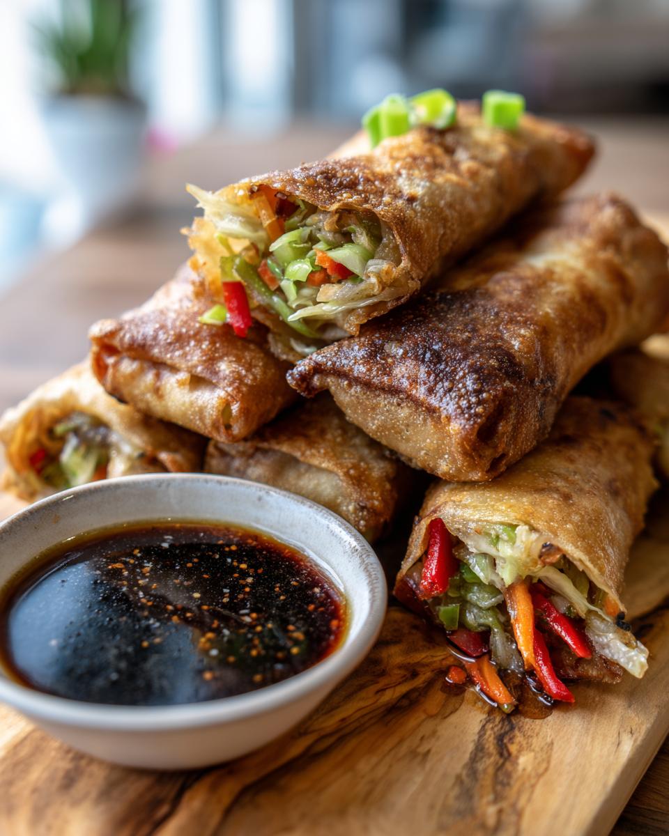 A stack of golden brown baked veggie spring rolls, one cut open to reveal colorful vegetables, served with a small bowl of dark dipping sauce.