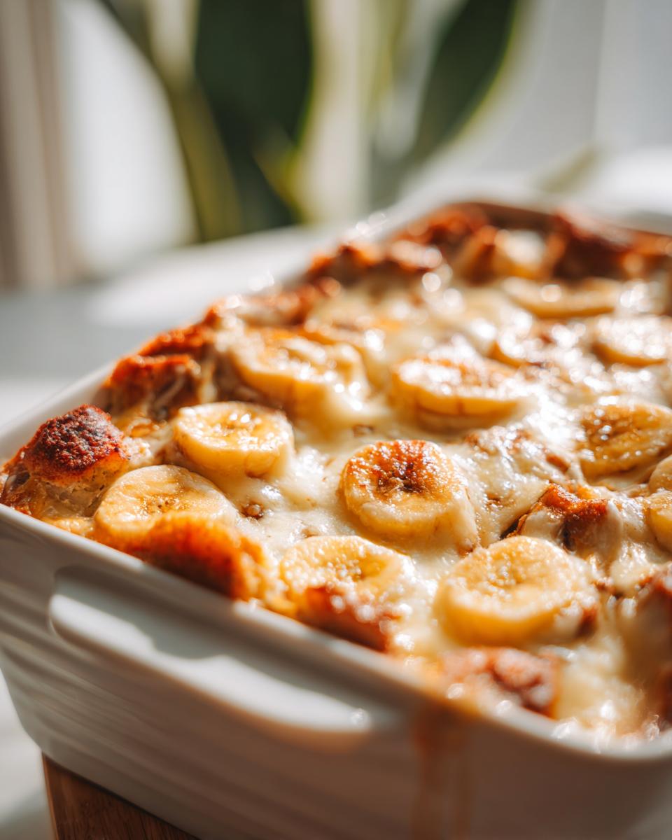 Close-up of a warm banana pudding cobbler in a white baking dish, topped with melted cheese and banana slices.