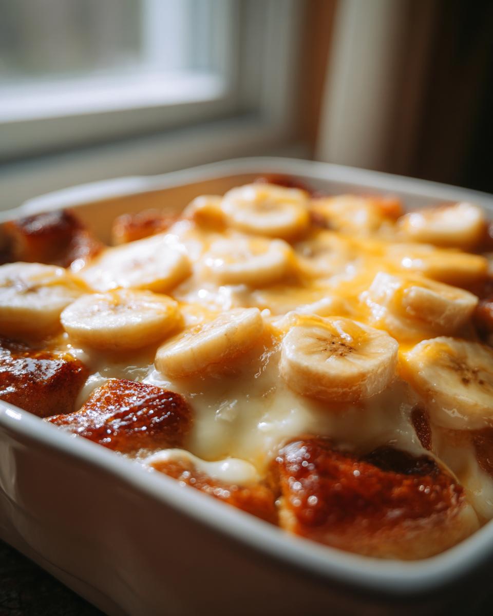 Close-up of a freshly baked banana pudding cobbler in a white baking dish, topped with sliced bananas and creamy pudding.