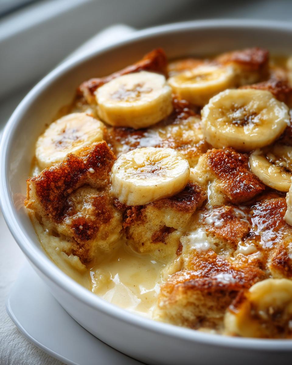 Close-up of a bowl of warm banana pudding cobbler topped with fresh banana slices and a creamy sauce.