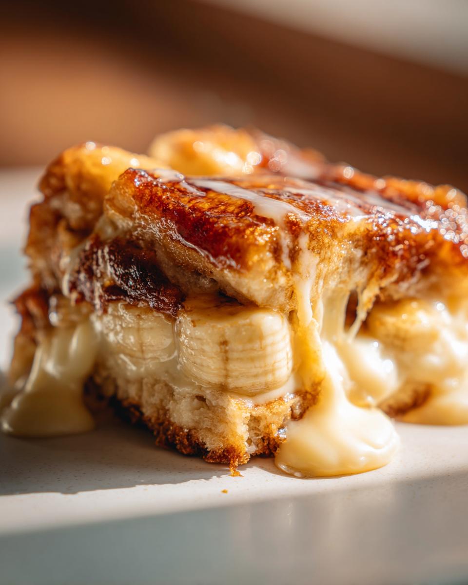 A close-up of a slice of banana pudding cobbler with layers of banana slices and creamy pudding.